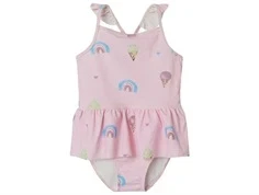 Lyserød badedragt fra Name It med print af is, regnbuer samt flæser på skuldre og et lille skørt 13239616 parfait pink